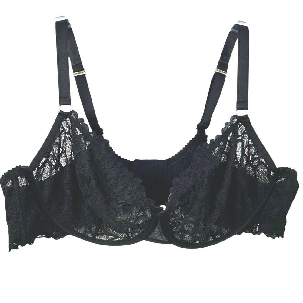 Savage X Fenty Black Lace Underwire Unlined Bra 46D Sheer Floral Plus Size